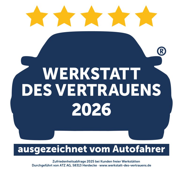 Auszeichnung Werkstatt des Vertrauens 2026 – Albert Tycho Kruse in Minden Grafik mit fünf gelben Sternen und der Aufschrift „Werkstatt des Vertrauens 2026 – ausgezeichnet vom Autofahrer“