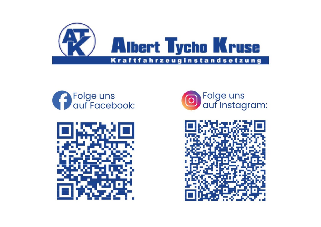 Social Media von Albert Tycho Kruse – Facebook und Instagram Grafik mit Firmenlogo sowie zwei QR-Codes für Facebook und Instagram