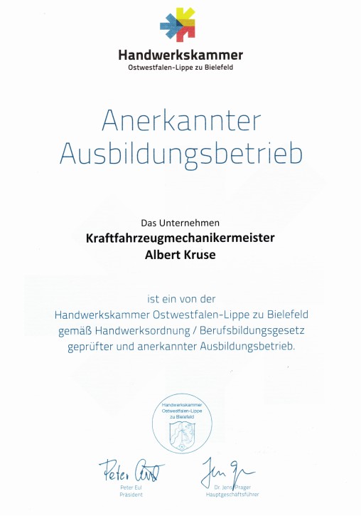Anerkannter Ausbildungsbetrieb der Handwerkskammer – Albert Tycho Kruse Urkunde der Handwerkskammer Ostwestfalen-Lippe zu Bielefeld für einen anerkannten Ausbildungsbetrieb